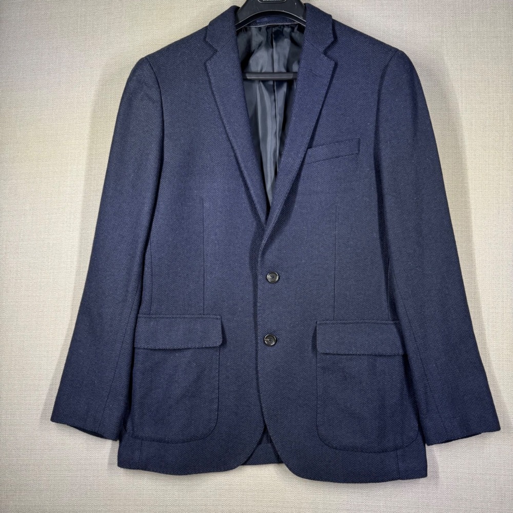 J. Crew Mens Ludlow Navy Blue Herringbone Two Button Sport Coat Jacket Size 38R